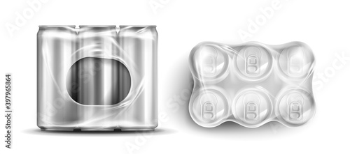 Tin cans in plastic wrap, six soda or beer metal jars front and top view. cylinder aluminium canisters in transparent pack, cold drink bottles isolated on white background, Realistic 3d vector mockup