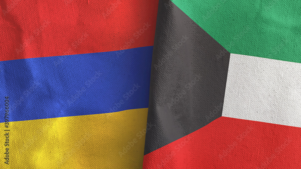 Kuwait and Armenia two flags textile cloth 3D rendering