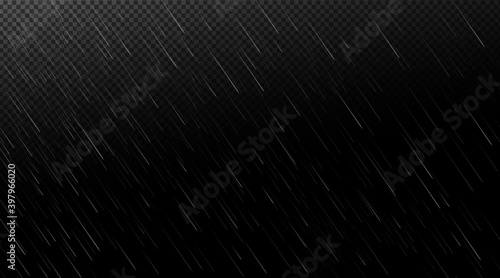 Rain, falling water drops on transparent and black background. Shower droplets, storm or downpour abstract wet texture, pure aqua pattern, fall season rainy weather, Realistic 3d vector illustration