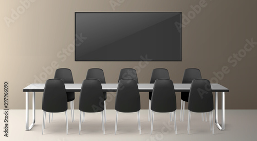 Boardroom for business meetings, conference and training in company office. Vector realistic interior of conference room with metal table, black chairs and big screen for presentation and video