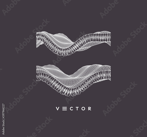 A wave formed from many particles. Cell membrane structure in motion. Scientific background for medicine, science, technology or chemistry. 3D abstract vector illustration.