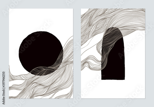 Minimalist abstract poster template design, hand drawn various shapes and lin...