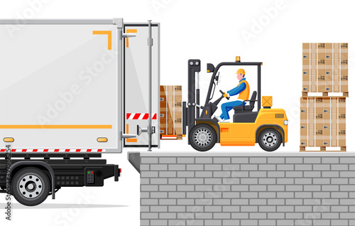 Forklift loading pallet boxes into truck. Warehouseman with checklist. Electric uploader loading cardboard boxes in delivery car. Logistic shipping cargo. Storage equipment. Flat vector illustration