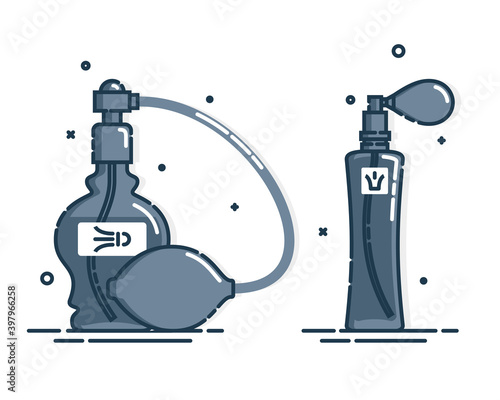 Perfume bottle isolated icon on white background. Two glamour container glass or plastic. Flat style design. Spray system. Female cosmetic business. Graphic outline object