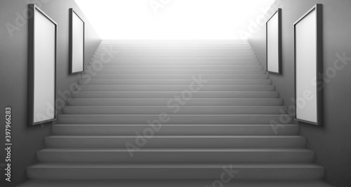 3d stairs going to light and empty white LCD screens for advertising on walls. Exit from underground or subway, staircase construction, ladder building architecture, Realistic vector illustration