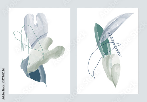 Minimalist botanical poster template design, hand drawn various leaves in green and blue © momosama