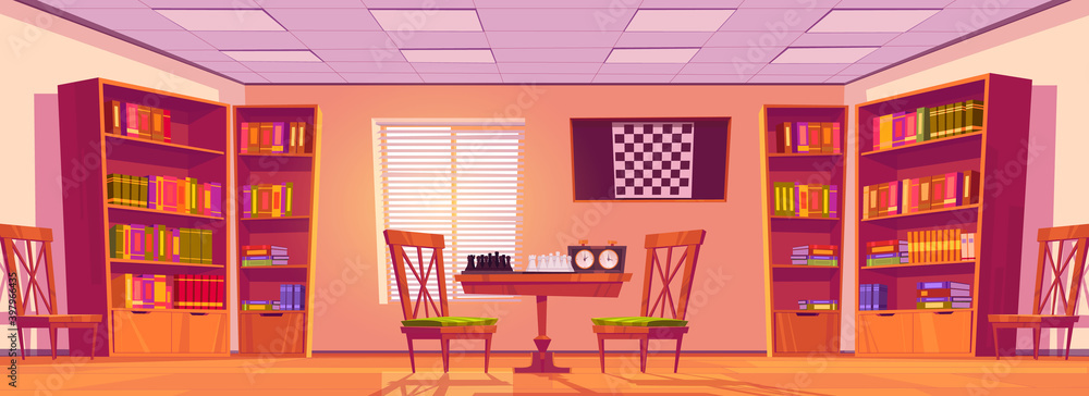 Chess club interior with board, pieces and clock on table, chairs, bookcases with books and checkerboard on wall. Vector cartoon illustration of empty room for playing chess