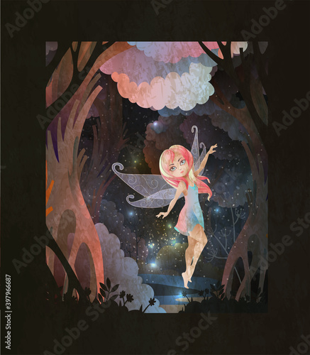Photography Cute butterfly winged fairy dancing in the night forest