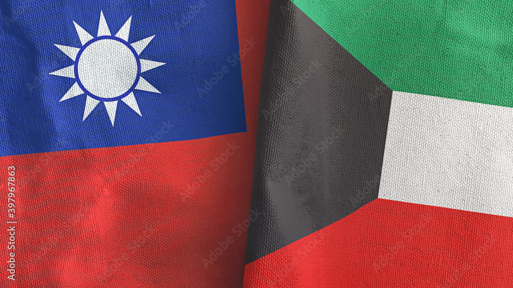 Kuwait and Taiwan two flags textile cloth 3D rendering