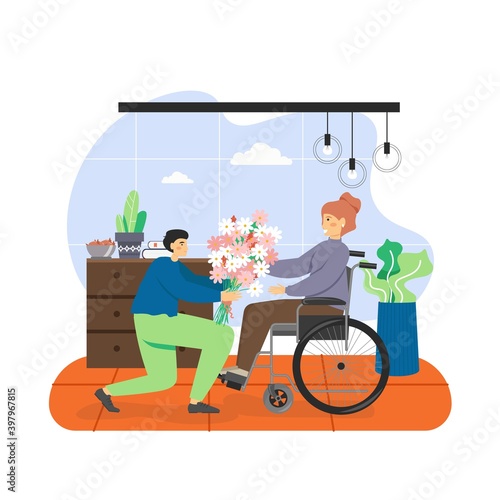 Young man giving bouquet of flowers to disabled woman using wheelchair, flat vector illustration