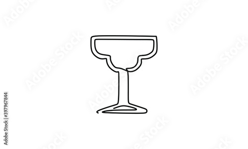 Cocktail glass for Margarita and tequila with icon flat, cartoon style Drink isolated on white background Alcoholic cocktail, Continuous one line drawing