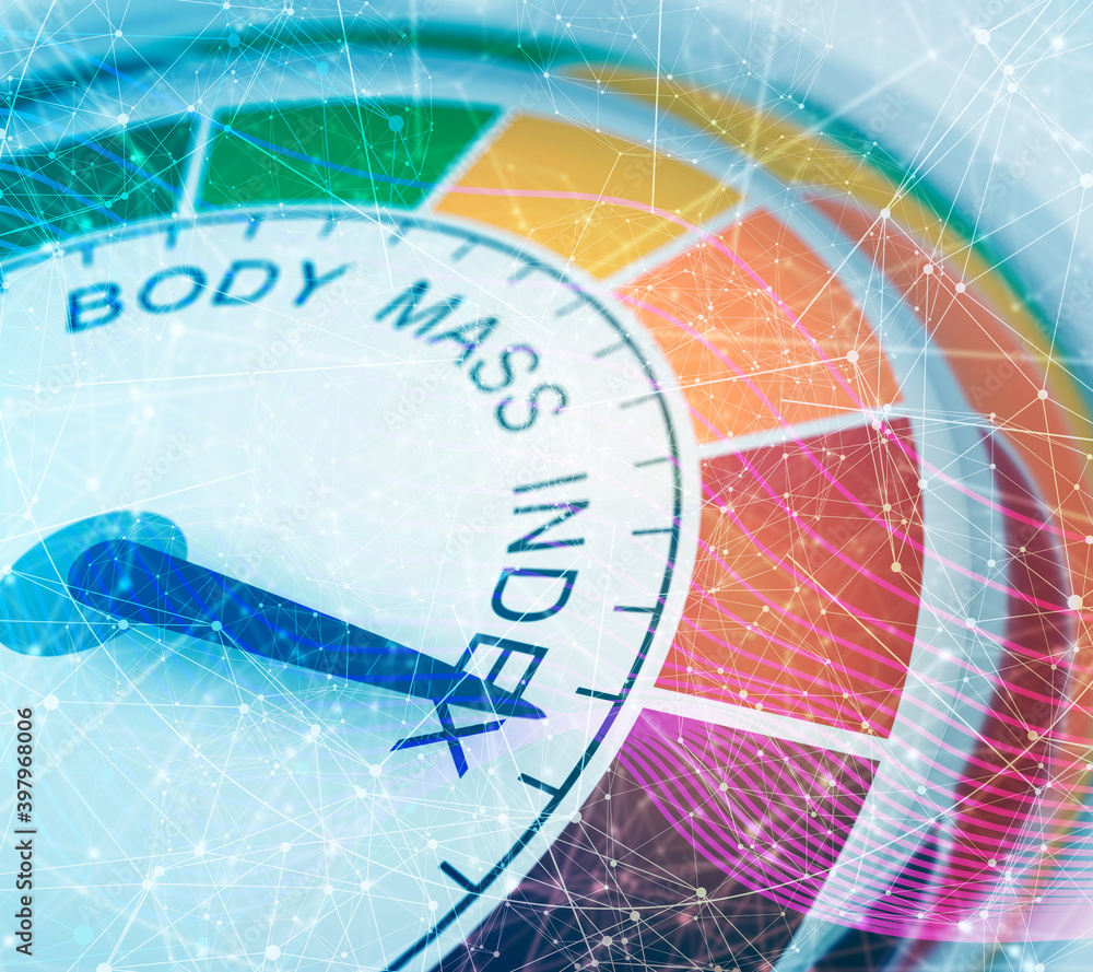 Body mass index meter read high level result. Color scale with arrow from red to green. The measuring device icon. Colorful infographic gauge element. 3D rendering Body mass index meter read high level result. Color scale with arrow from red to green. The measuring device icon. Colorful infographic gauge element. 3D rendering
