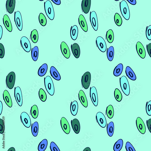 Delicate abstract seamless pattern with graphic circles ovals and pebbles in blue shades. For Wallpaper, fabrics, packaging, etc.