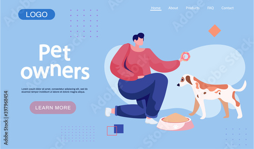 Pet owner landing page template. Happy woman feeding the dog food, funny girl training a puppy, walking with her little friend. Female is having leisure spend time with domestic animal cute doggy