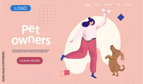 Pet owner landing page template. Happy woman playing with dog, funny girl jumping training a puppy feeding him with appetizing bone. Female is having leisure spend time with domestic animal cute doggy
