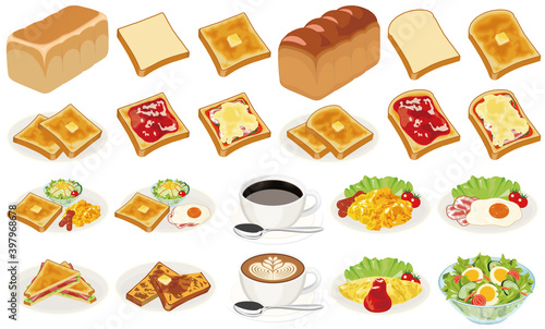 朝食の食パンアイコン（バタートースト、ジャムトースト、ピザトースト）