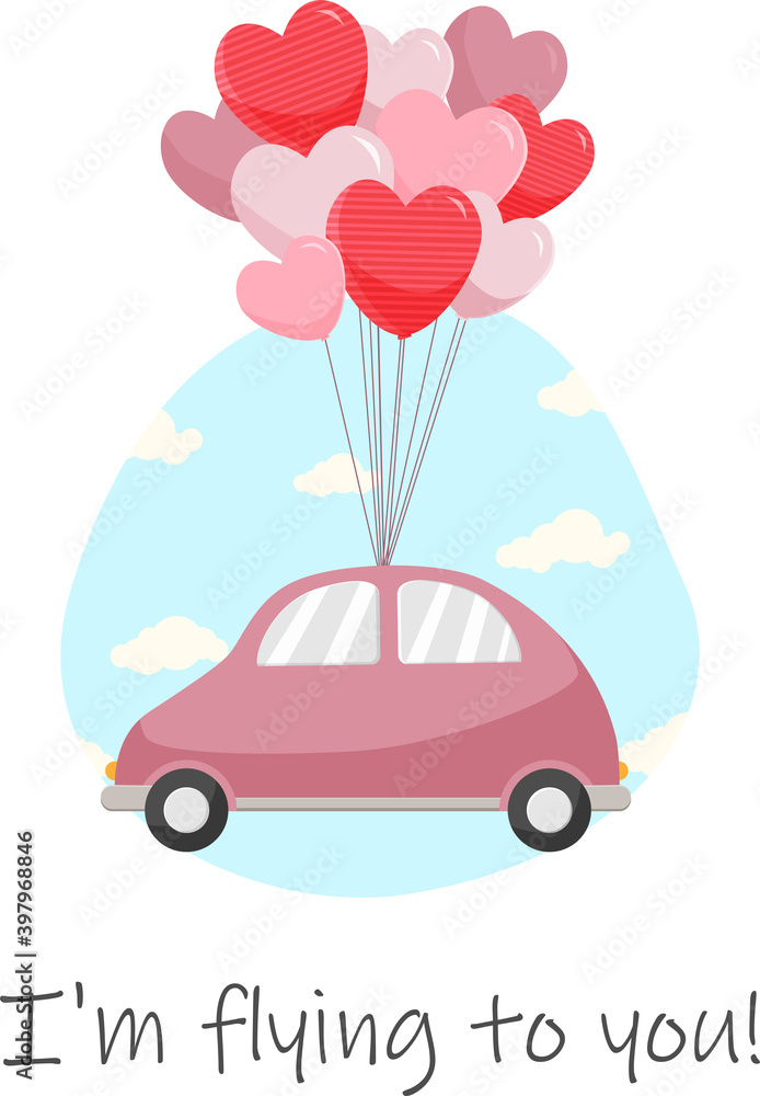 The car flies on balloons in the form of hearts. Vector illustration The car flies on balloons in the form of hearts. Vector illustration