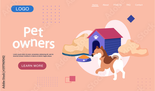 Cute dog near the doghouse and a bowl of food. Pet owners lettering vector illustration on pink background. Love for puppies, positivity domestic animal walking have fun outdoor. Animal care concept