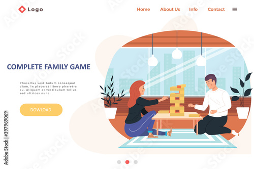 Complete family game landing page template with happy family or friends playing jenga game at home on the weekend. Happy people are resting in cozy room and spending time together with a board game