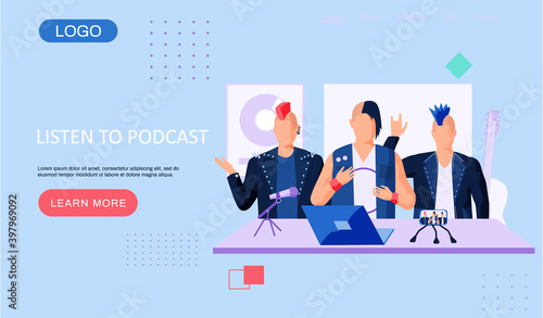 Listen to podcast landing page template with guys in rock clothes communicating in the studio. Rock band spend time and creates music together. Music group records the track and shoots the video
