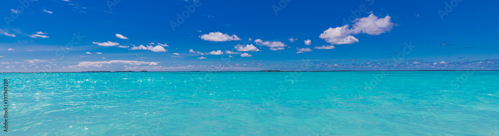 Perfect sky and water of Indian ocean. Calm sea ocean and blue sky background, tropical sea. Blue sea waves, horizon, relax, peaceful endless view. Blue sky and seascape