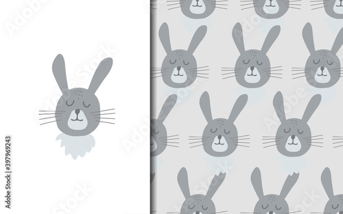 Set of vector seamless backgrounds and illustrations with hare. Vector baby illustrations in cartoon hand drawn style for printing on clothes  interior design  packaging  printing.