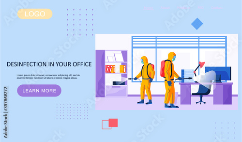 Disinfection in your office landing page template with a description of the sanitary service. Men in a yellow protective suit disinfects the living room or office with a spray gun. Virus pandemic