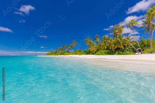 Fototapeta Naklejka Na Ścianę i Meble -  Tropical beach panorama view, summer landscape, palm trees and white sand, horizon of calm sea for beach banner. Relax nature of beach scene, vacation and summer holiday concept. Luxury summer travel
