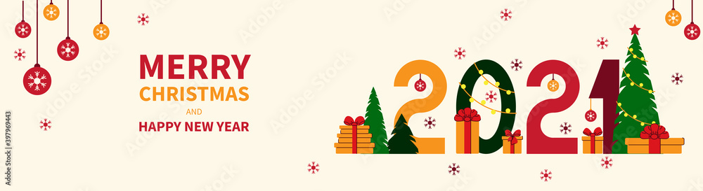 HAPPY NEW YEAR 2021 text. Figures, spruce, balls and gifts. Horizontal banner template for your holiday flyers, greeting and invitation cards, website headers, advertisements. Vector illustration