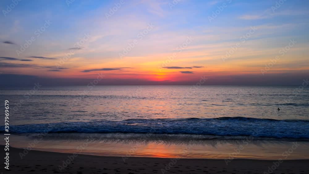 Nature video sunset tropical beach sea. New normal after covid-19. Phuket Thailand beautiful tropical beach with sunset sky. Beautiful Phuket beach is famous tourist destination at Andaman sea summer Nature video sunset tropical beach sea. New normal after covid-19. Phuket Thailand beautiful tropical beach with sunset sky. Beautiful Phuket beach is famous tourist destination at Andaman sea summer
