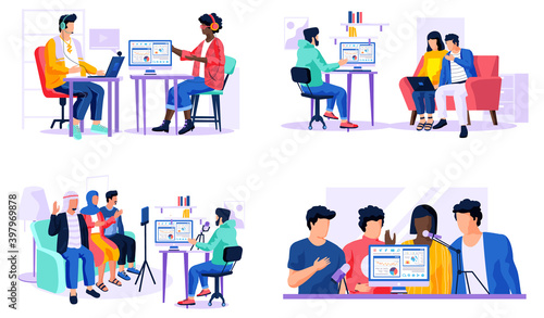 Set of illustrations on the topic of working with statistics in a recording studio. People sing songs into the microphone. Customers give interview. Colleagues in headphones are working together