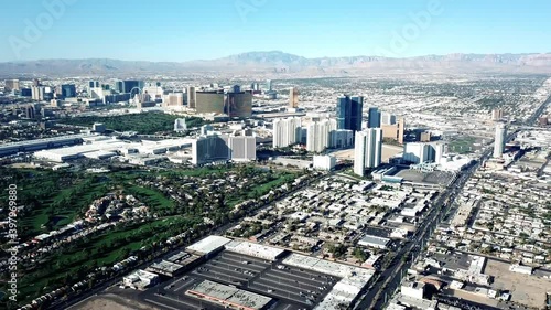 Aerial Shot Of Las Vegas Downtown Skyline, Tourist Travel Destination In USA