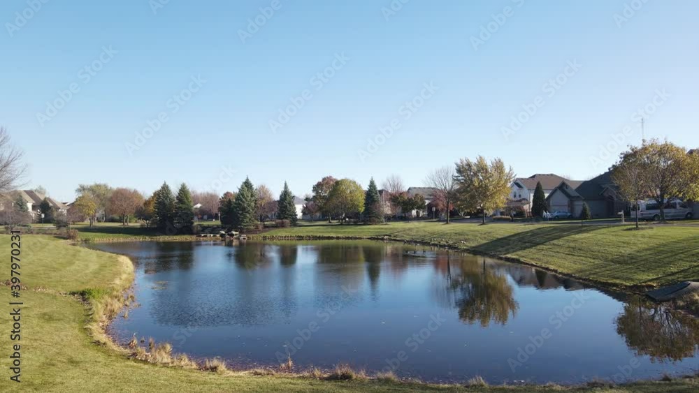 Overhead aerial view of relaxing and swimming Canadian geese on a pond surface. American suburban neighborhood. 4K
Overhead aerial view of relaxing and swimming Canadian geese on a pond surface. American suburban neighborhood. 4K