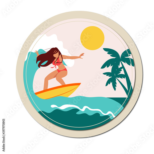 sticker picture girl surfer on the wave ocean sea island