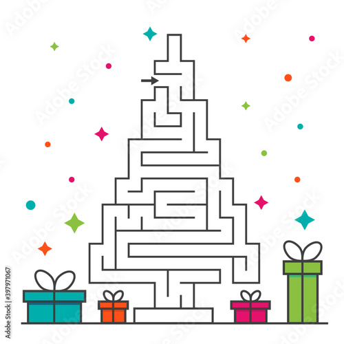 Christmas tree maze labyrinth game for kids. Labyrinth logic conundrum. One entrance and one right way to go. Vector flat illustration