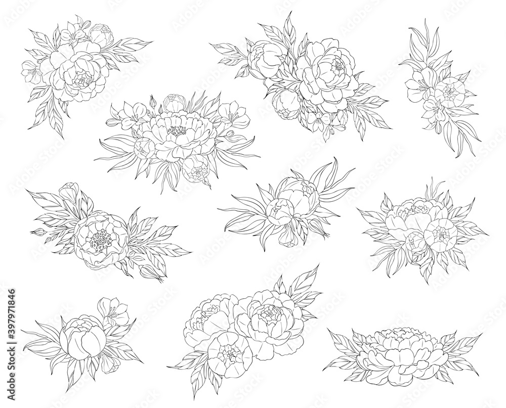 Big set of peony flowers and leaves for making tattoo compositions. Black linear illustration isolated on a white background.