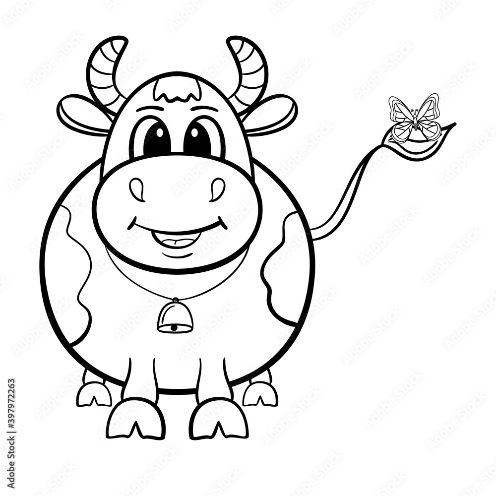 Obraz premium The happy bull with the butterfly on its tail is isolated on the white background. The illustration for coloring book.