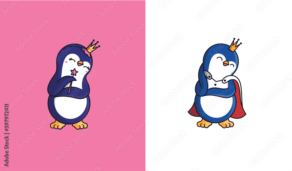The two penguins are hugging themselves. Cartoonish baby-animals, a prince and a princess are good for family designs, t-shirts, clothes, etc. The characters are a vector illustration The two penguins are hugging themselves. Cartoonish baby-animals, a prince and a princess are good for family designs, t-shirts, clothes, etc. The characters are a vector illustration