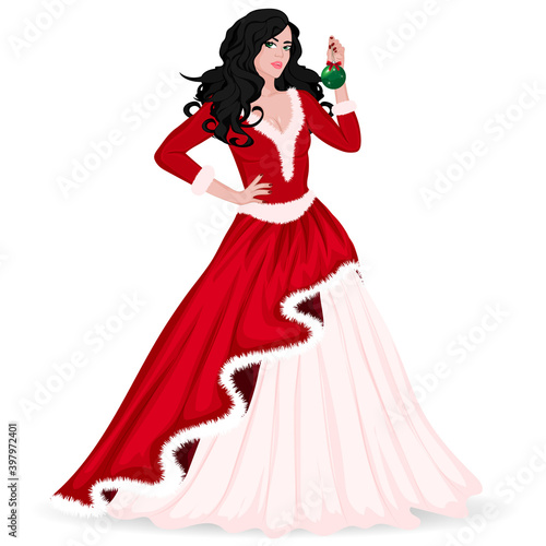 A girl in a red dress holding a Christmas ball. Vector art