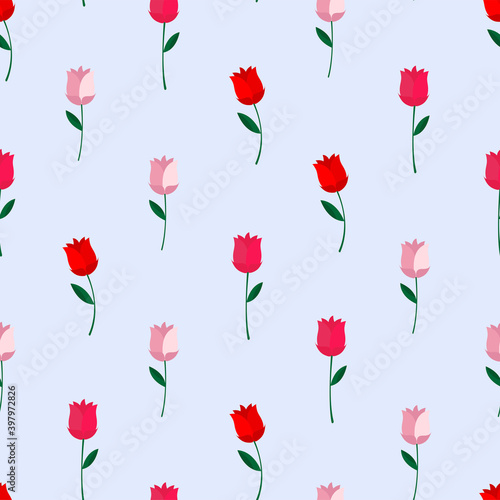 Seamless pattern with red  pink and white roses on blue background. Valentine s day. Minimalistic pattern for wrapping paper  fabric  stationery  background  banners  postcards  web pages. Vector