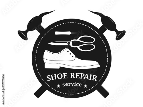 Shoe repair service. Vector image of logo. Trendy concept in old retro style