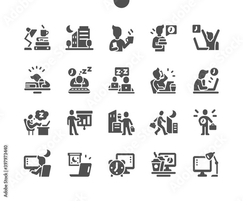 Working late. Businessman with laptop computer typing at night office. Feeling drained. Workplace, business, overwork, people, deadline. Vector Solid Icons. Simple Pictogram