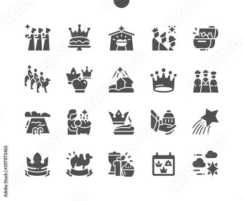 Happy Epiphany Day 6 January. Three kings following the star. Calendar. Sixth of january. Traditional holiday. Vector Solid Icons. Simple Pictogram