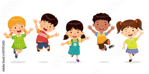 Cute boys and girls jumping with joy and fun. Cartoon character vector.