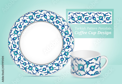 Turkish Pattern Porcelain Coffee Cup Design. Home Decor. Decorative ceramic plates and mug ornate with traditional floral pattern, Turkish motives.