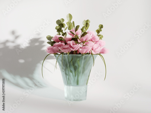 Flowers in glass vase 3d rendering