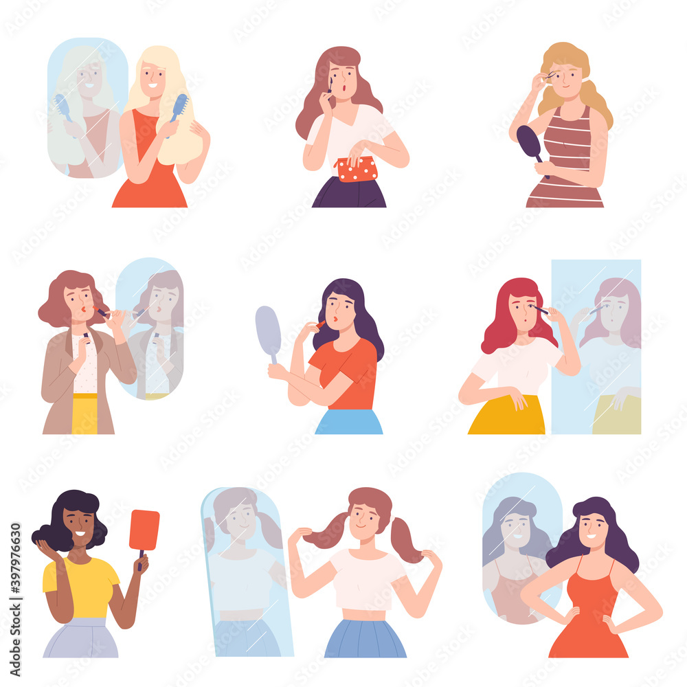 Φωτογραφία Young Women Standing in Front of Mirror Set, Girls Applying Mascara, Lipstick, C