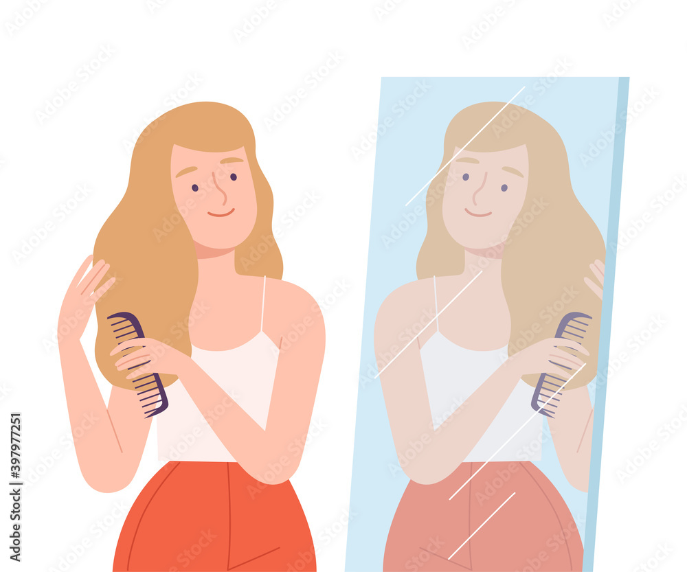 Beautiful Young Woman Combing her Hair Looking at Herself in Mirror Cartoon Style Vector Illustration Beautiful Young Woman Combing her Hair Looking at Herself in Mirror Cartoon Style Vector Illustration