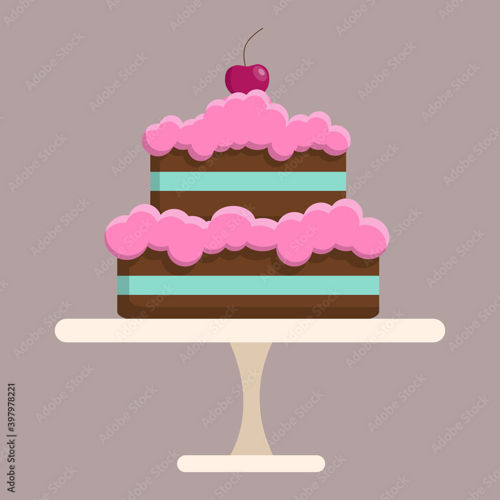 Two-tiered cake with cream and cherries on a platter. Multi-colored cakes. Cherry cake. Cream topping, berry dessert. Isolated