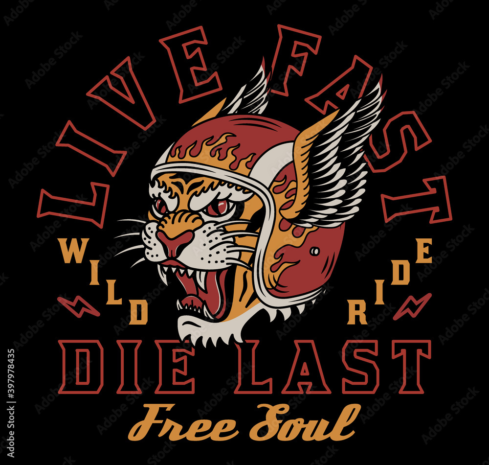 Tiger with Helmet Illustration with A Slogan Artwork on Black Background for Apparel or Other Uses